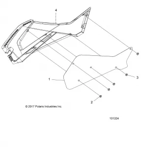 BODY, RIGHT HAND SIDE PANEL HEAT SHIELD AND HARDWARE 2 UP - A19SDA57B7/L7/SDD57LU/SDE57B5 (101324)